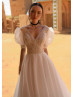 Short Sleeves Ivory Lace Chiffon Boho Beach Wedding Dress